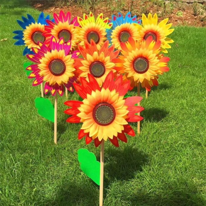 Colorful Sunflower Windmill Wind Turbine Wooden Pole Plug-in Windmill Camping Picnic Lawn Party Decoration - Image 2