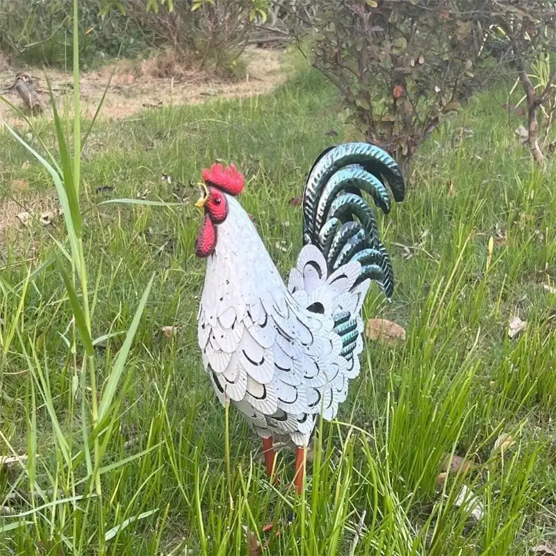 C5AC Metal Rooster Statues Garden Metal Rooster Decors Outdoor Chicken Decorations Lawn