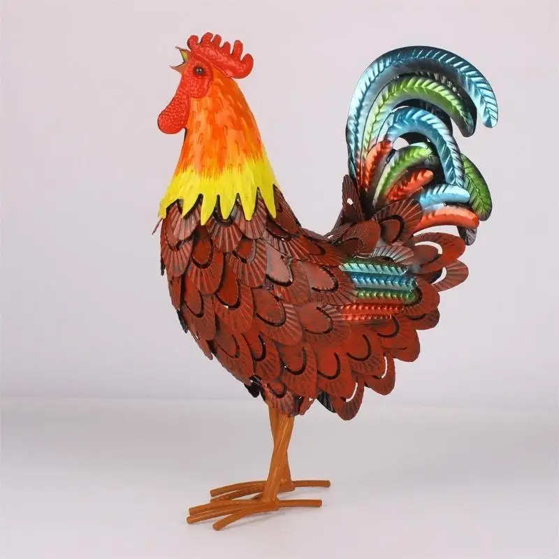 C5AC Metal Rooster Statues Garden Metal Rooster Decors Outdoor Chicken Decorations Lawn