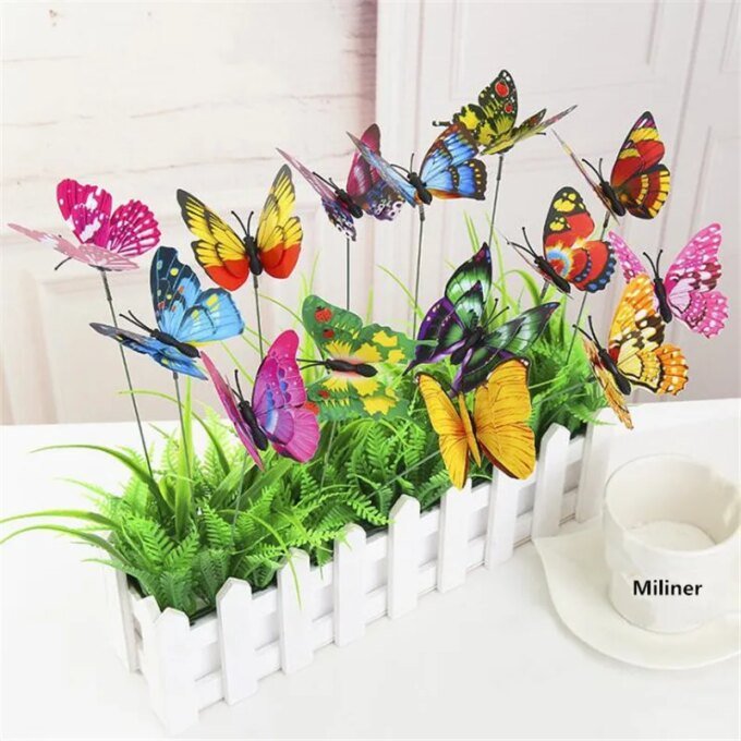 10PCS/Lot Artificial Butterfly Garden Decorations Simulation Butterfly Stakes Yard Plant Lawn Decor Fake Butterefly Random Color