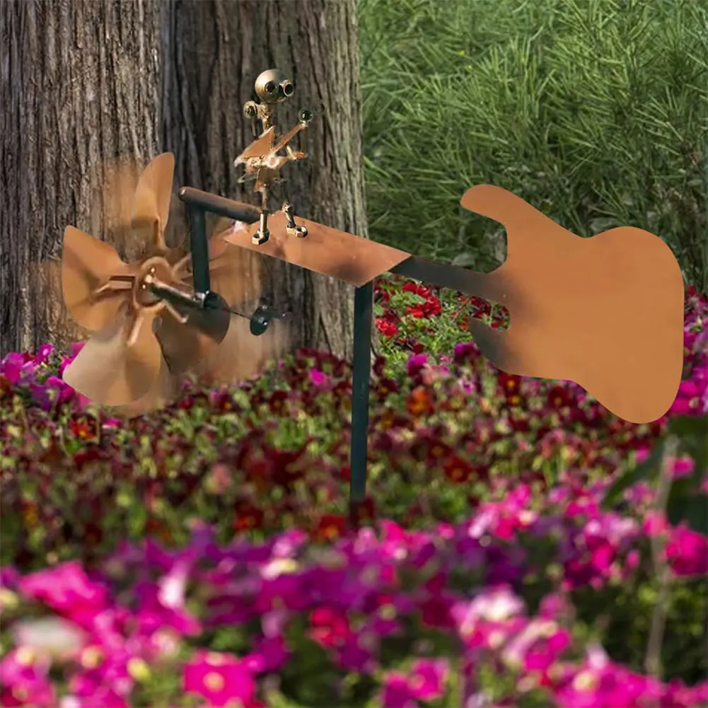 Outdoor Wind Sculpture Handmade Guitar Windmill Metal Guitar Windmill Statue for Yard Lawn Garden Patio Decor