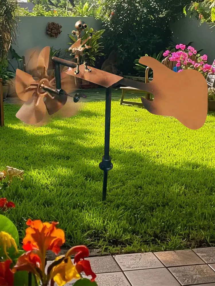 Outdoor Wind Sculpture Handmade Guitar Windmill Metal Guitar Windmill Statue for Yard Lawn Garden Patio Decor