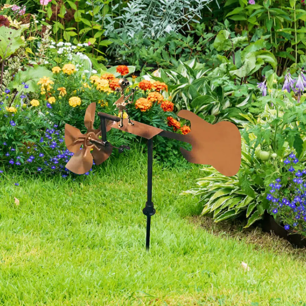 Outdoor Wind Sculpture Handmade Guitar Windmill Metal Guitar Windmill Statue for Yard Lawn Garden Patio Decor