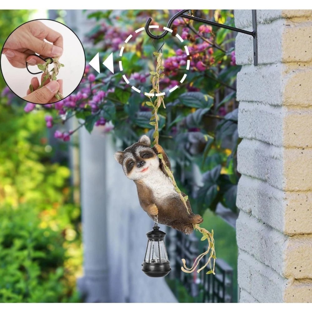 Hanging Solar Raccoon Statue Garden Climbing On Vine Outdoor Resin Raccoon Figurine with LED Lantern for Wall, Trees, Patio