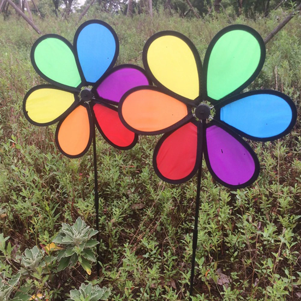 6pcs Flower Lawn Pinwheel Colorful Rainbow Garden Windmill for Garden Party Outdoor Yard Decor