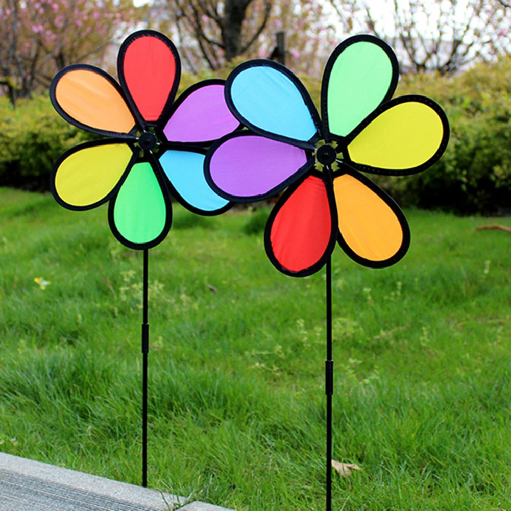 6pcs Flower Lawn Pinwheel Colorful Rainbow Garden Windmill for Garden Party Outdoor Yard Decor