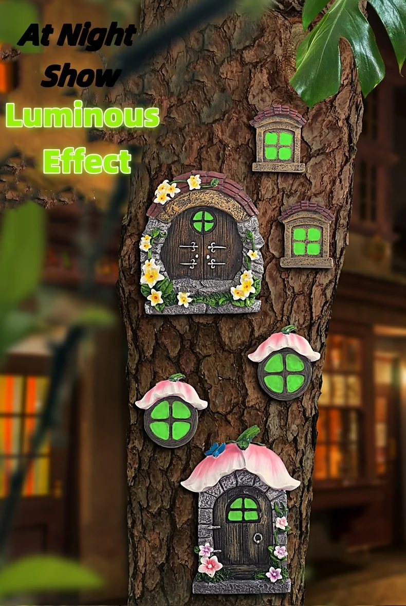 Fairy Door Window Tree Pendant Ornaments At Night Luminous Resin Handicraft Outdoor Courtyard Garden Decoration 3pcs/Set