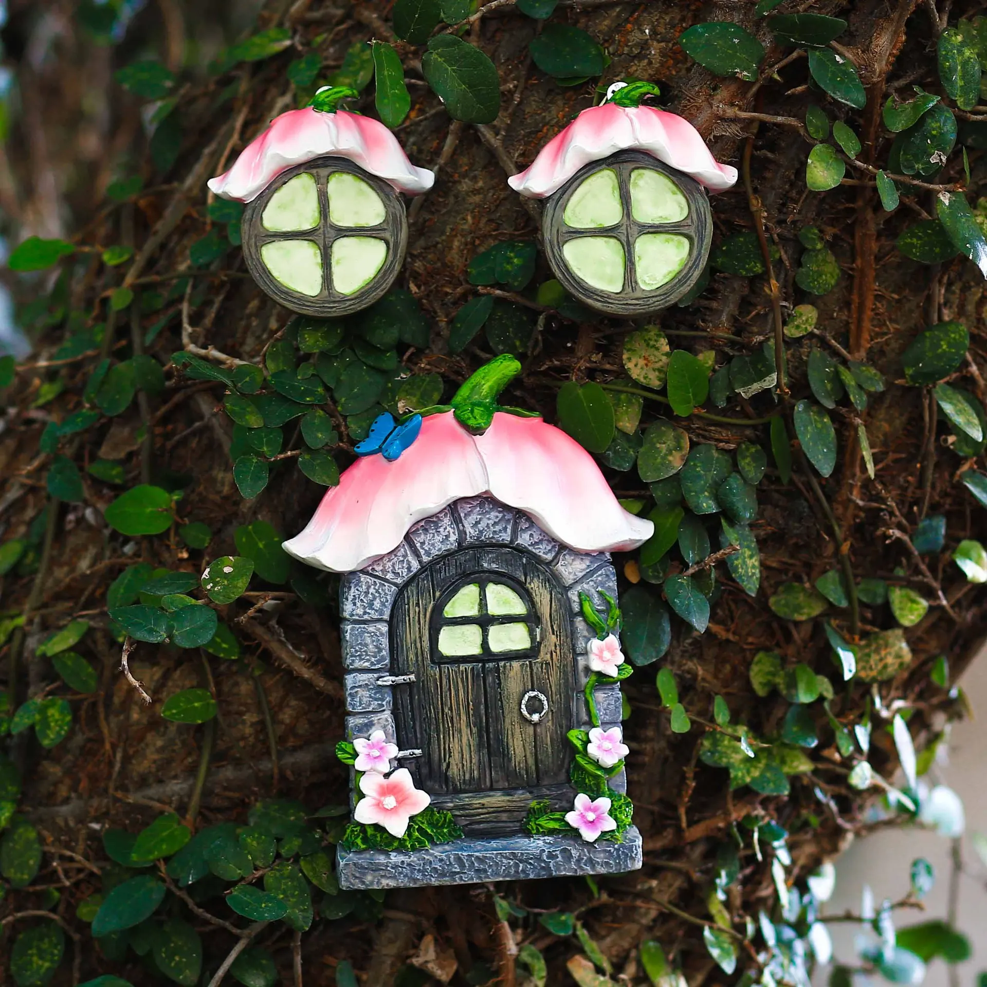 Fairy Door Window Tree Pendant Ornaments At Night Luminous Resin Handicraft Outdoor Courtyard Garden Decoration 3pcs/Set