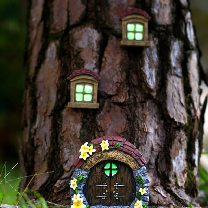 Fairy Door Window Tree Pendant Ornaments At Night Luminous Resin Handicraft Outdoor Courtyard Garden Decoration 3pcs/Set
