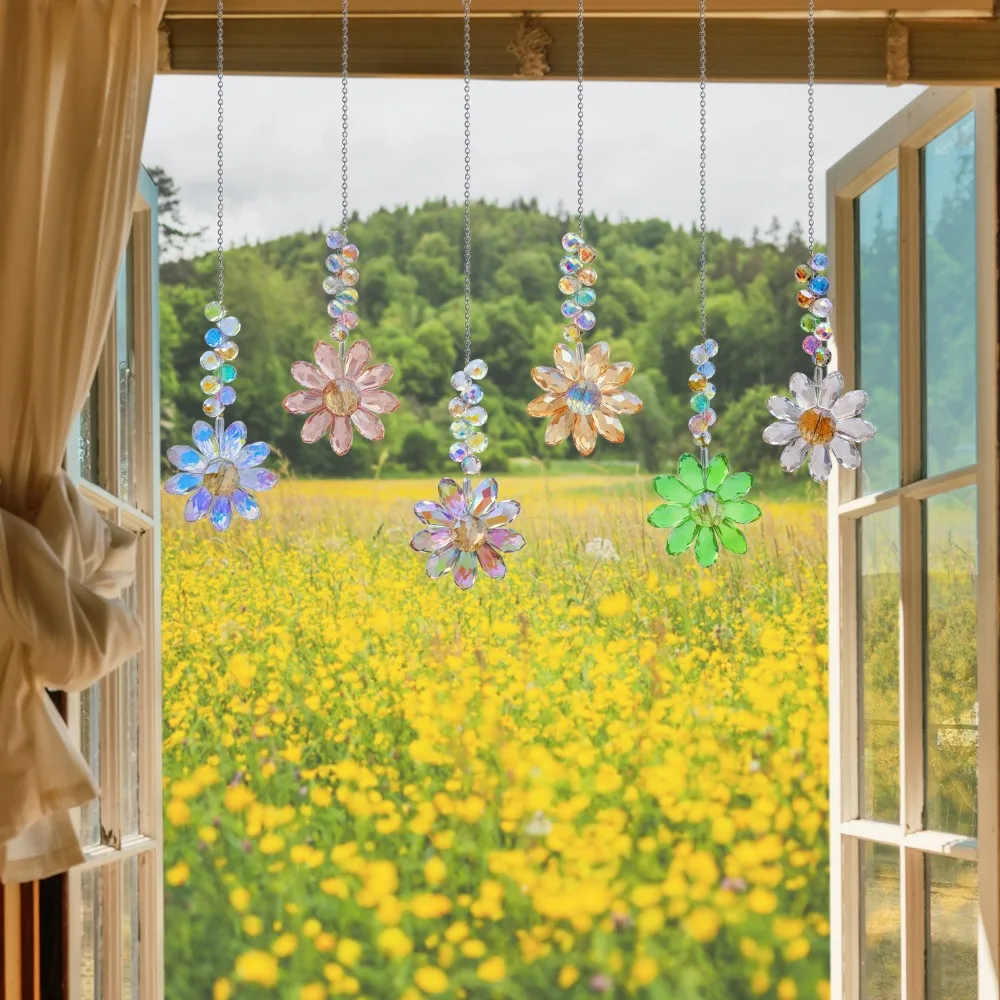 6 Color Glass Crystal Pendant Rainbow Maker Indoor Window Sunflower Sun Catcher Ornament Christmas Gift Yard Garden Decorations