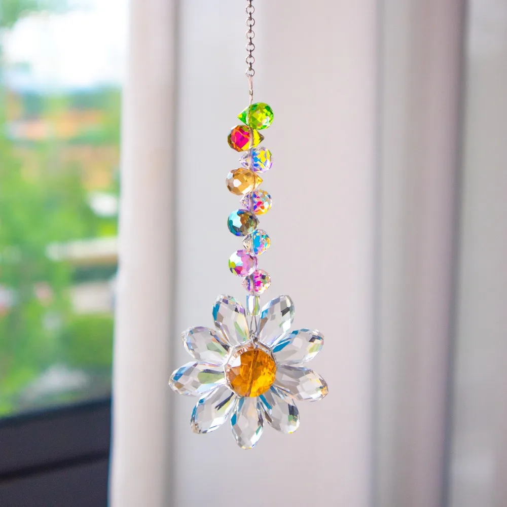 6 Color Glass Crystal Pendant Rainbow Maker Indoor Window Sunflower Sun Catcher Ornament Christmas Gift Yard Garden Decorations