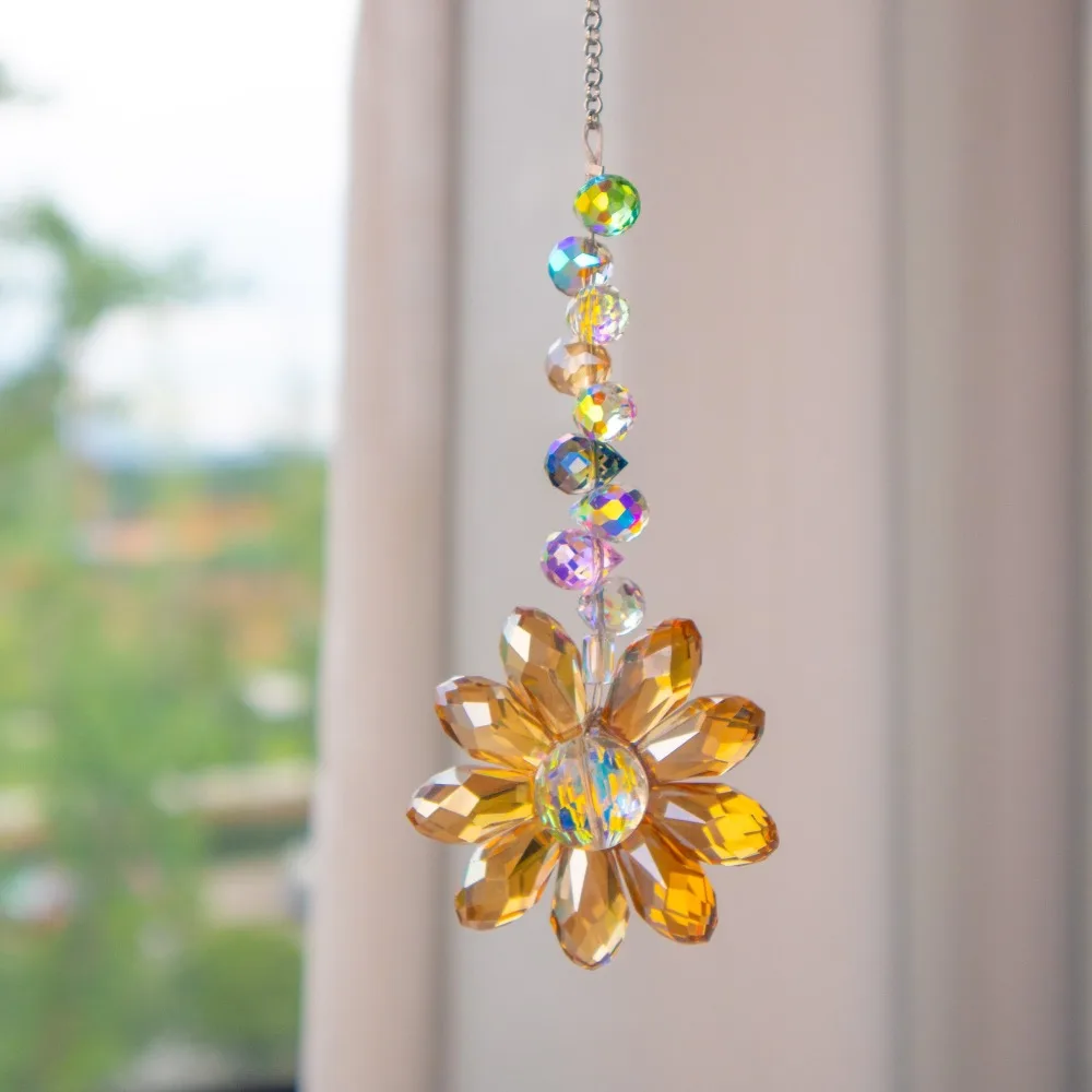 6 Color Glass Crystal Pendant Rainbow Maker Indoor Window Sunflower Sun Catcher Ornament Christmas Gift Yard Garden Decorations
