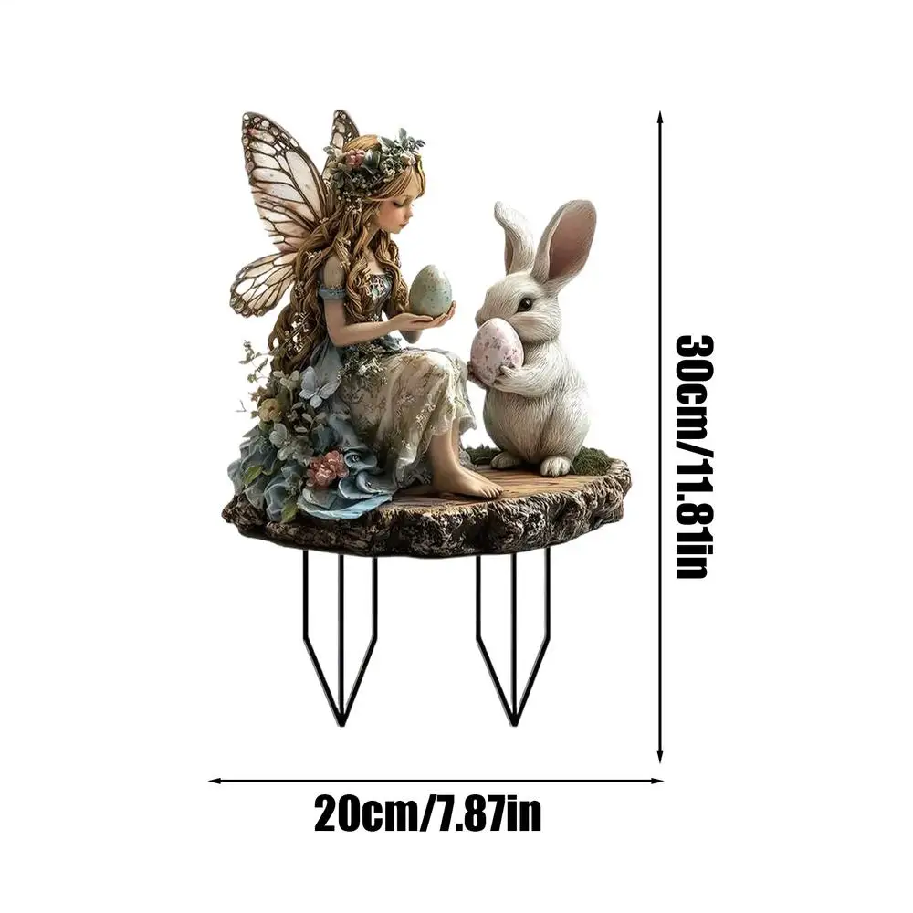 Bunny Yard Stakes Fairy and Bunny Acrylic Easter Lawn Sign with Stakes Spring Lawn Signs 2D Flat Outdoor Decorations for Patio