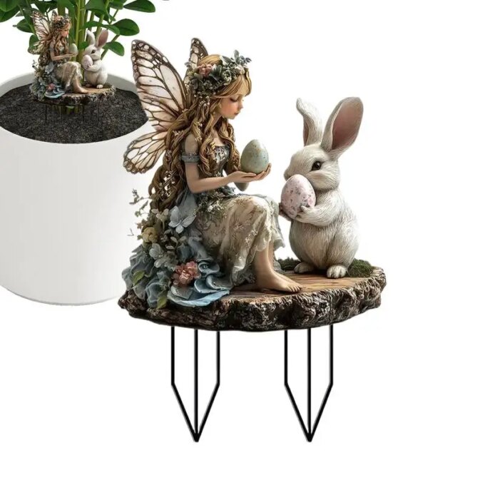 Bunny Yard Stakes Fairy and Bunny Acrylic Easter Lawn Sign with Stakes Spring Lawn Signs 2D Flat Outdoor Decorations for Patio