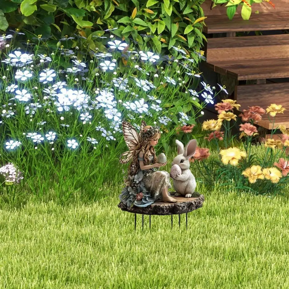 Bunny Yard Stakes Fairy and Bunny Acrylic Easter Lawn Sign with Stakes Spring Lawn Signs 2D Flat Outdoor Decorations for Patio