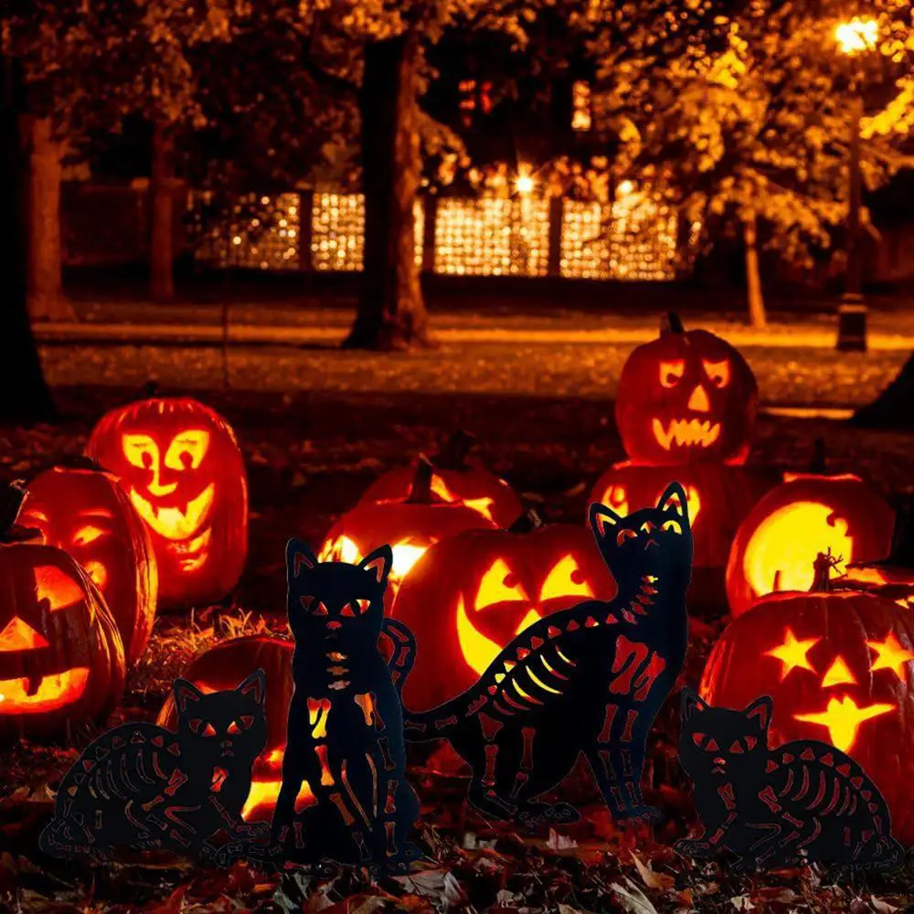 Halloween Black Cat Outdoor Sign 4 Pack Metal Cat Silhouette Lawn Decor Skeleton Cat Silhouette Lawn Decor Outdoor Cat Statue