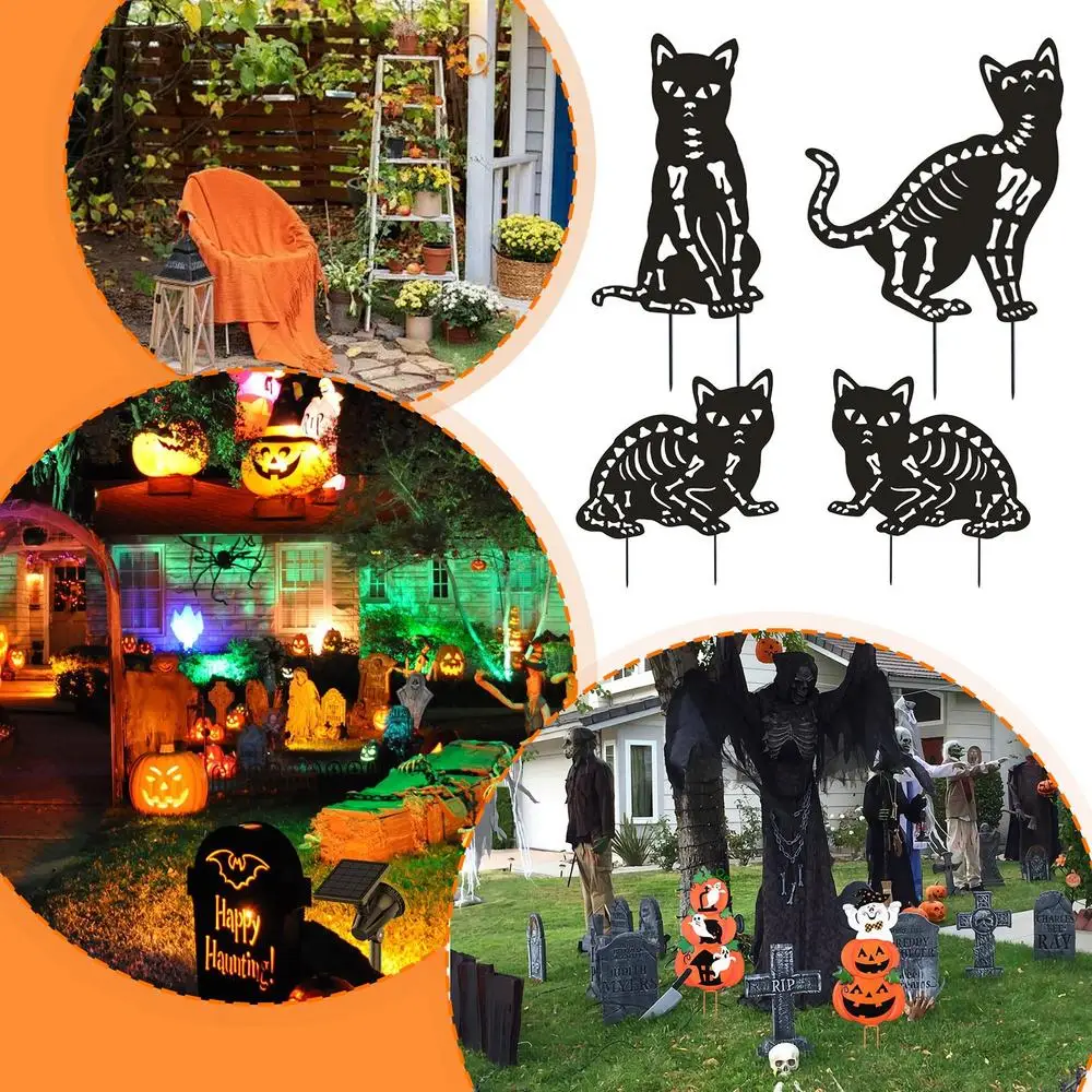 Halloween Black Cat Outdoor Sign 4 Pack Metal Cat Silhouette Lawn Decor Skeleton Cat Silhouette Lawn Decor Outdoor Cat Statue