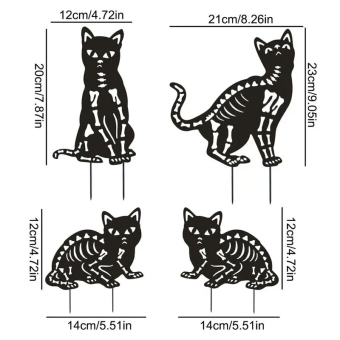 Halloween Black Cat Outdoor Sign 4 Pack Metal Cat Silhouette Lawn Decor Skeleton Cat Silhouette Lawn Decor Outdoor Cat Statue - Image 6