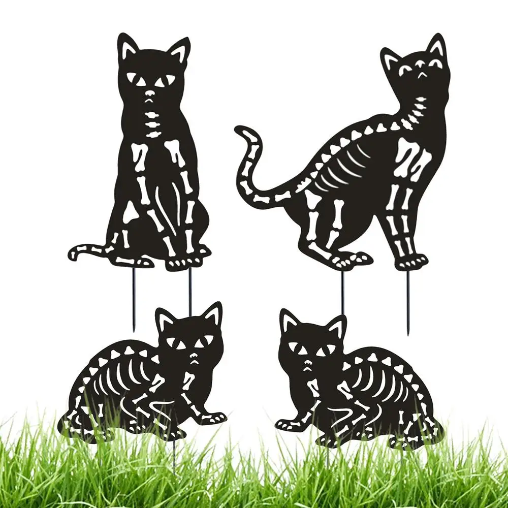 Halloween Black Cat Outdoor Sign 4 Pack Metal Cat Silhouette Lawn Decor Skeleton Cat Silhouette Lawn Decor Outdoor Cat Statue