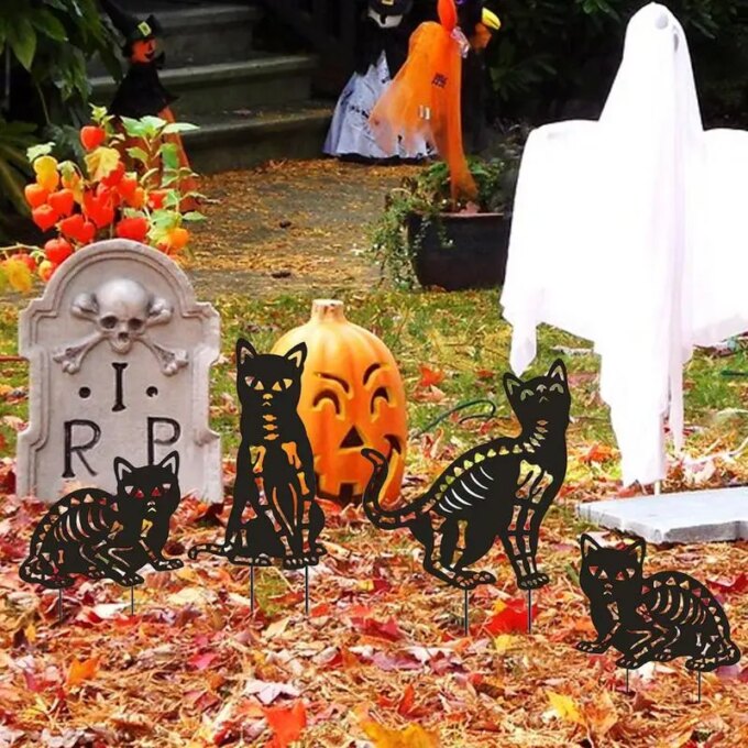 Halloween Black Cat Outdoor Sign 4 Pack Metal Cat Silhouette Lawn Decor Skeleton Cat Silhouette Lawn Decor Outdoor Cat Statue - Image 4