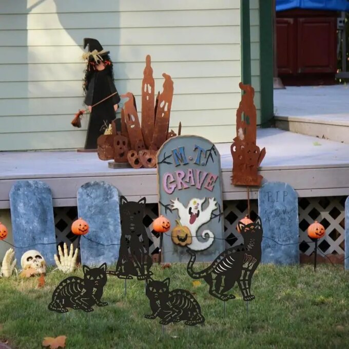 Halloween Black Cat Outdoor Sign 4 Pack Metal Cat Silhouette Lawn Decor Skeleton Cat Silhouette Lawn Decor Outdoor Cat Statue - Image 2
