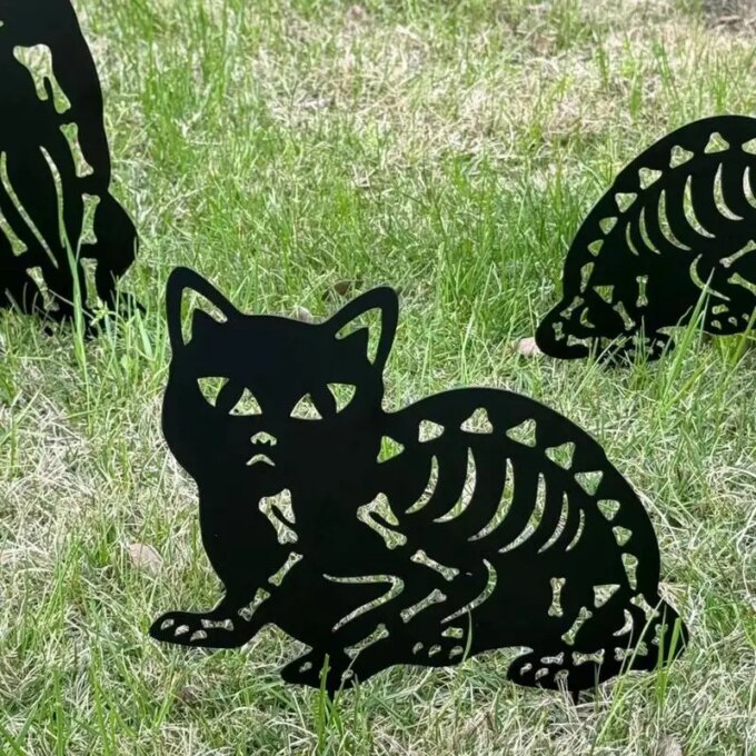 Halloween Black Cat Outdoor Sign 4 Pack Metal Cat Silhouette Lawn Decor Skeleton Cat Silhouette Lawn Decor Outdoor Cat Statue - Image 3