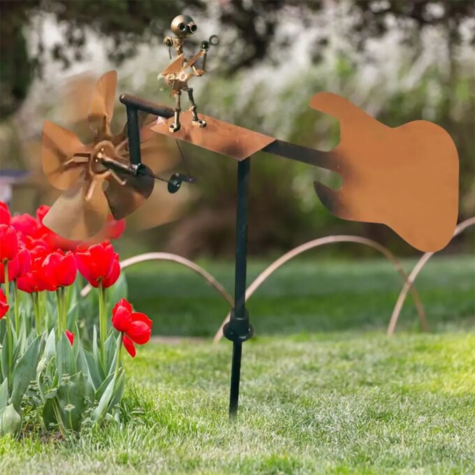 NEW Handmade Metal Drummer Windmill Garden Statue Metal Guitar Wind Spinner Decorative Power Rock Art for Lawn Porch Yard Decor - Image 4
