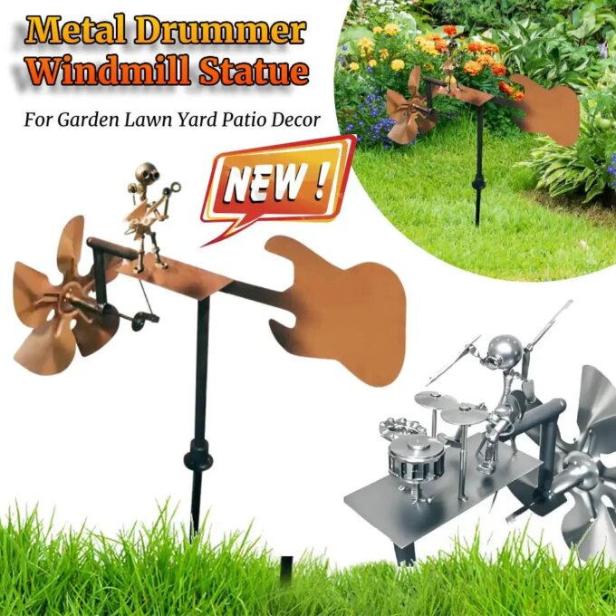 NEW Handmade Metal Drummer Windmill Garden Statue Metal Guitar Wind Spinner Decorative Power Rock Art for Lawn Porch Yard Decor