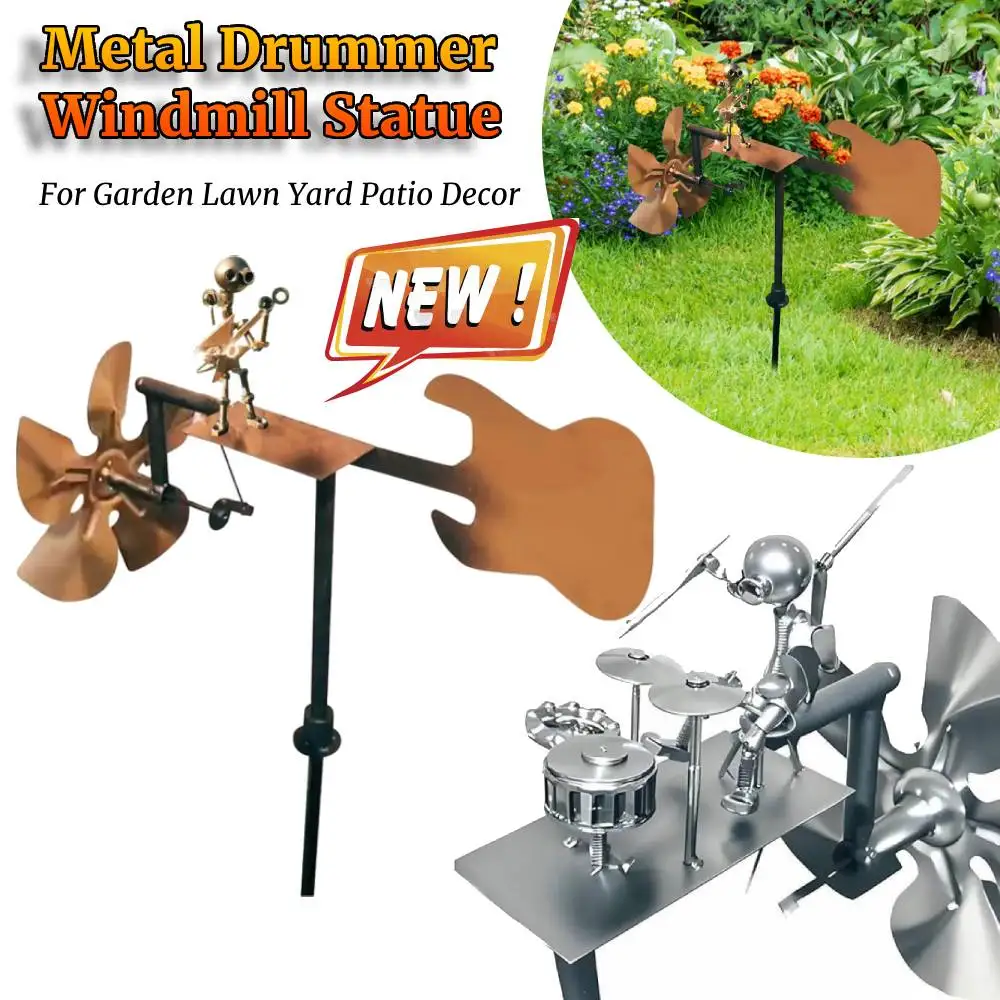 NEW Handmade Metal Drummer Windmill Garden Statue Metal Guitar Wind Spinner Decorative Power Rock Art for Lawn Porch Yard Decor