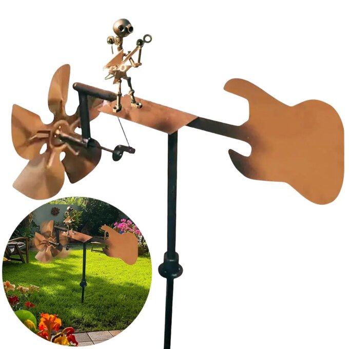 NEW Handmade Metal Drummer Windmill Garden Statue Metal Guitar Wind Spinner Decorative Power Rock Art for Lawn Porch Yard Decor - Image 3