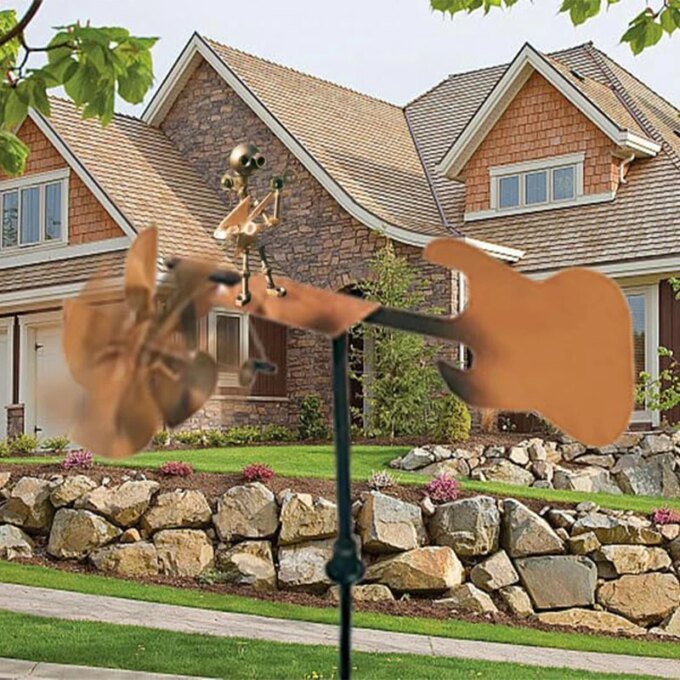 Windmill In The Shape Of A Golden Rock Band, Gardening Decoration Supplies,Metal Guitar Windmill That Can Rotate With Wind Power - Image 2