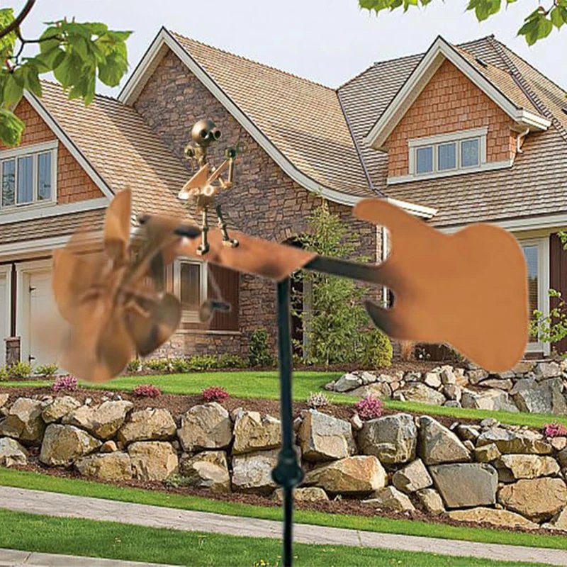 Windmill In The Shape Of A Golden Rock Band, Gardening Decoration Supplies,Metal Guitar Windmill That Can Rotate With Wind Power