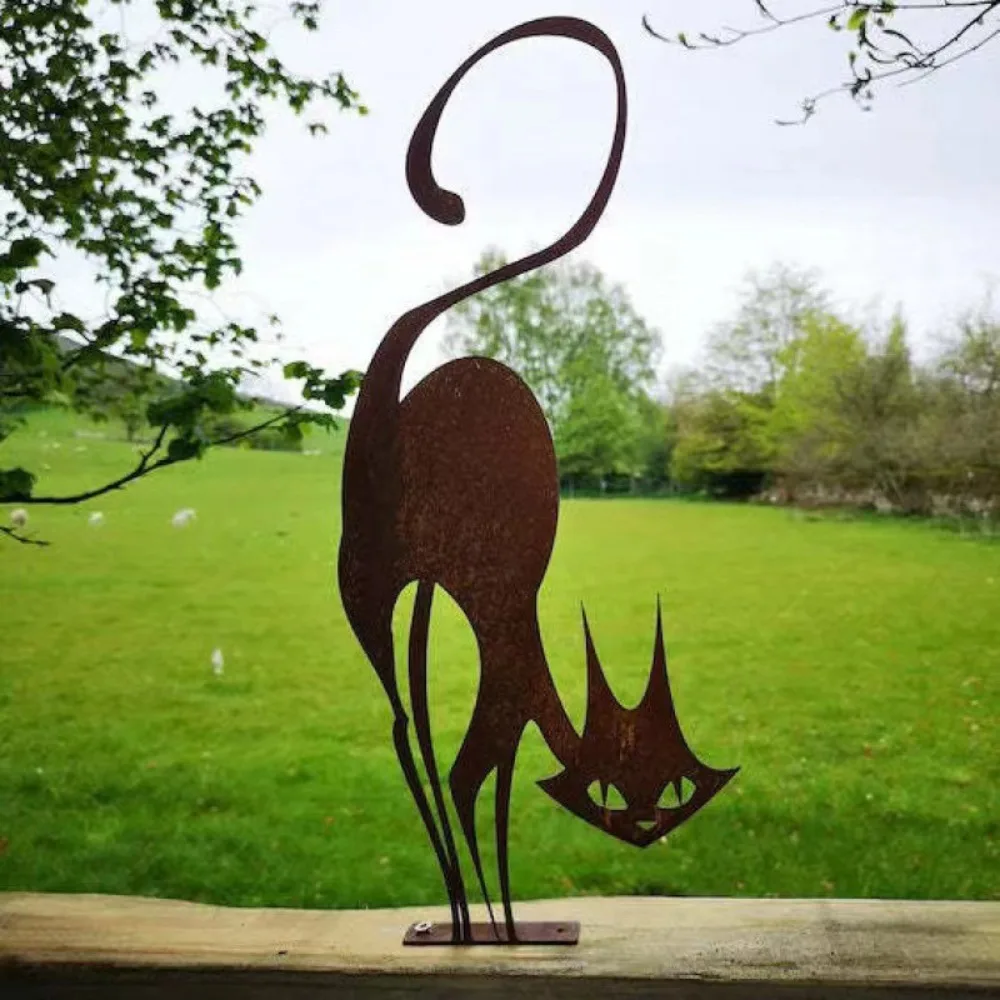 Adorable Rusty Series Cat Fence Decoration Metal Wall Art Garden Statue Silhouette Art Outdoor Decor