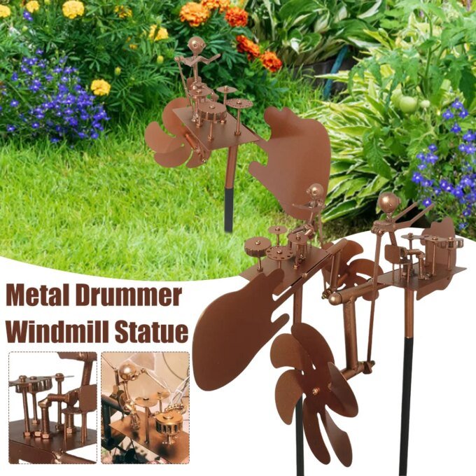 Metal Drummer Windmill Statue Decorative Power Rock Art Ornament Percussionist Music Figurines for Garden Patio Lawn Backyard