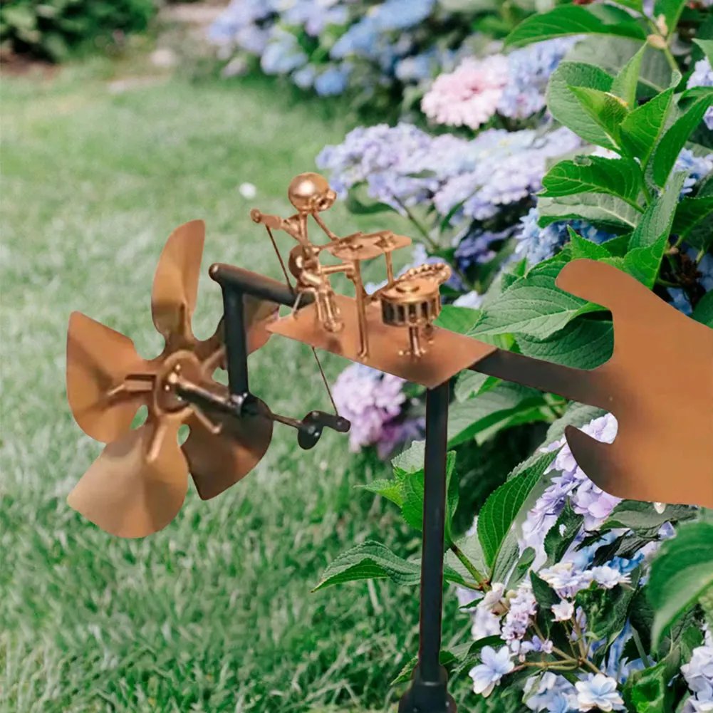 Metal Drummer Windmill Statue Decorative Power Rock Art Ornament Percussionist Music Figurines for Garden Patio Lawn Backyard