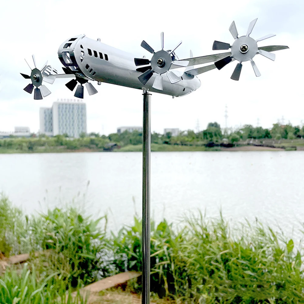 Super Fortress Aircraft Windmill 3D Airplane Windmill Sculpture Iron Wind Energy Sculpture for Outdoor Garden Decoration