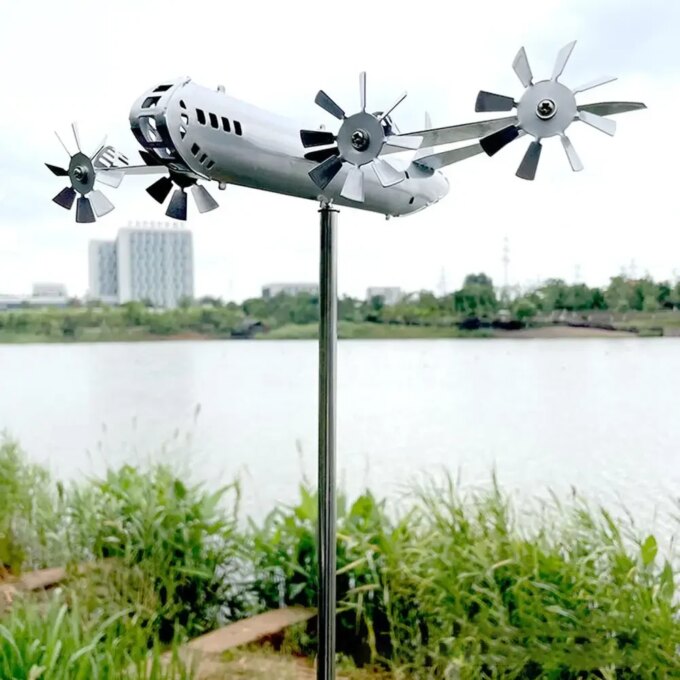 Super Fortress Aircraft Windmill 3D Airplane Windmill Sculpture Iron Wind Energy Sculpture for Outdoor Garden Decoration