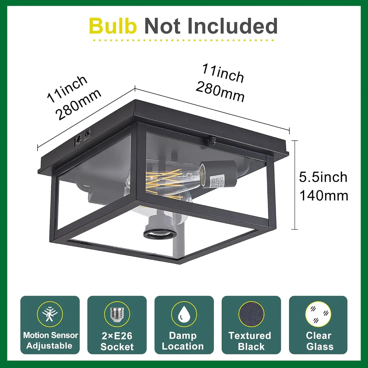 Adjustable Motion Sensor Ceiling Light Fixture Outdoor Modern Design of Squares Flush Mount 2-Light Textured Black with Clear