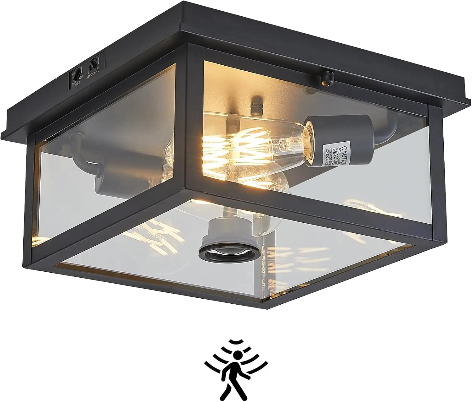 Adjustable Motion Sensor Ceiling Light Fixture Outdoor Modern Design of Squares Flush Mount 2-Light Textured Black with Clear