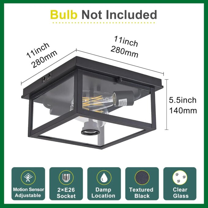 Adjustable Motion Sensor Ceiling Light Fixture Outdoor Modern Design of Squares Flush Mount 2-Light Textured Black with Clear - Image 5