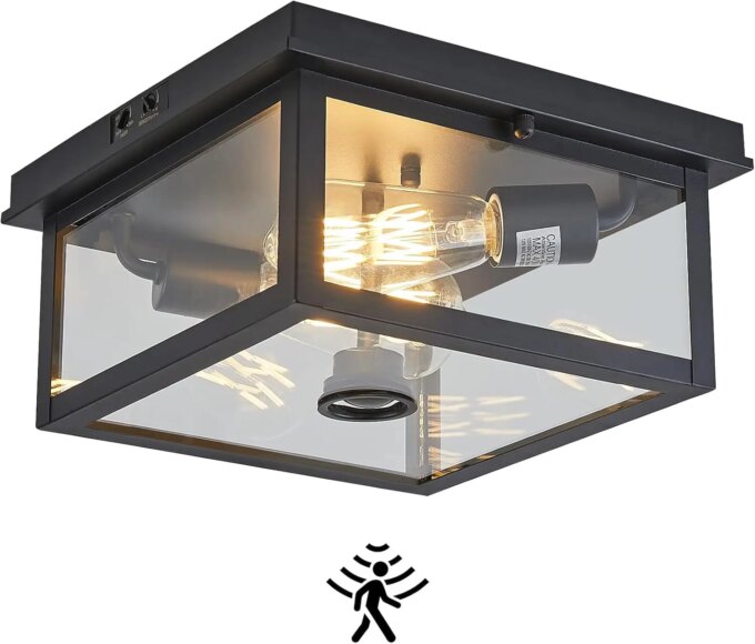Adjustable Motion Sensor Ceiling Light Fixture Outdoor Modern Design of Squares Flush Mount 2-Light Textured Black with Clear