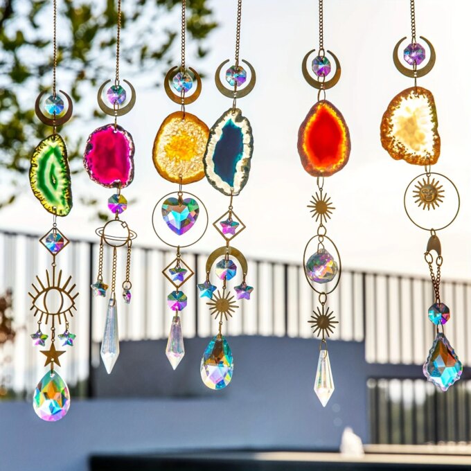 6pcs crystal garden light catcher with prism and agate sheet, suitable for indoor and outdoor family garden wedding decoration