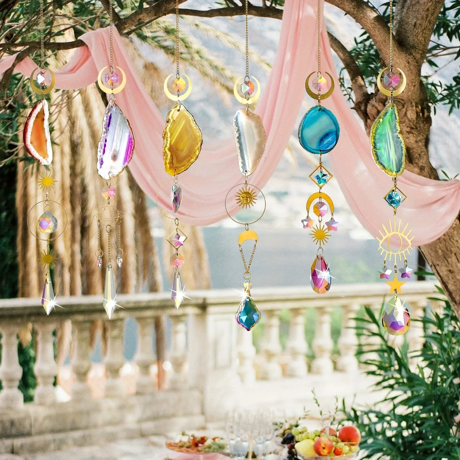 6pcs crystal garden light catcher with prism and agate sheet, suitable for indoor and outdoor family garden wedding decoration