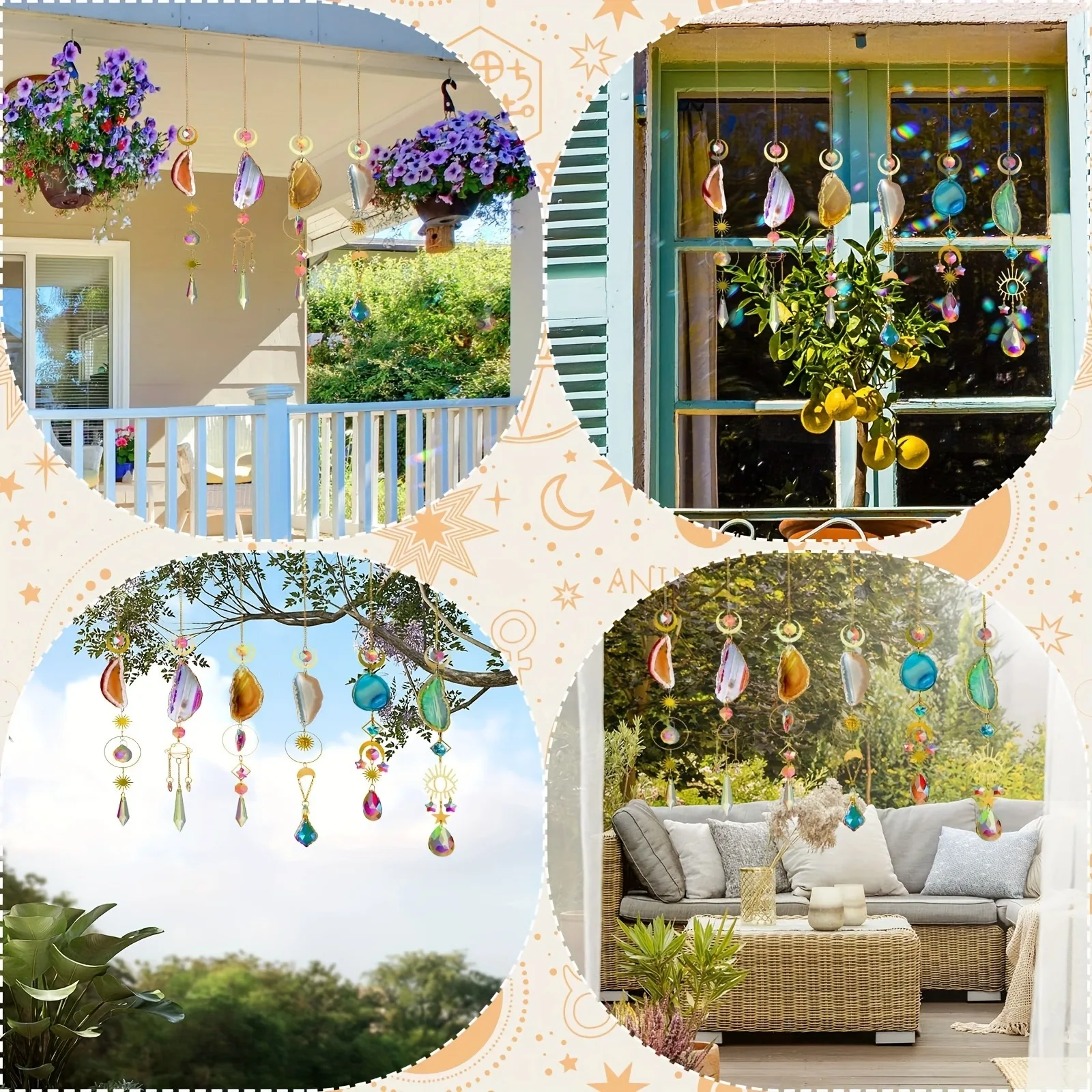 6pcs crystal garden light catcher with prism and agate sheet, suitable for indoor and outdoor family garden wedding decoration