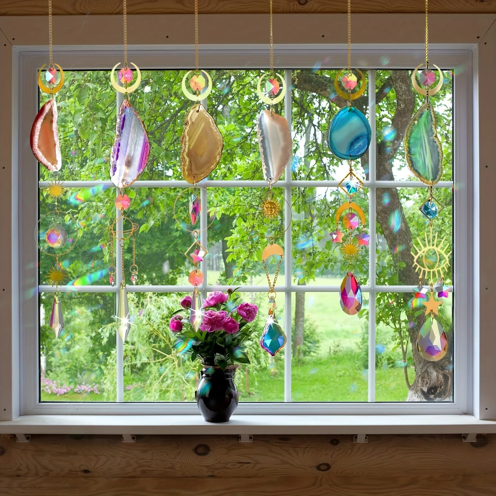6pcs crystal garden light catcher with prism and agate sheet, suitable for indoor and outdoor family garden wedding decoration