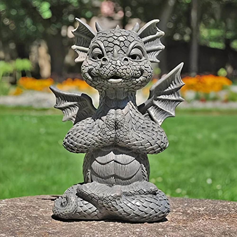 Garden Dragon Statue Happy Dinosaur Cheering You Resin Figurine with Lamp Decorative Accent Sculpture Sleeping Dragon Figurines