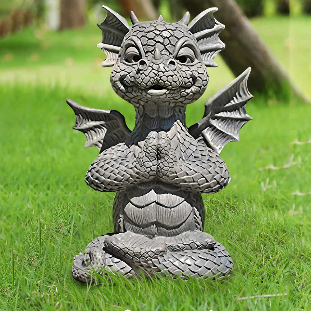 Garden Dragon Statue Happy Dinosaur Cheering You Resin Figurine with Lamp Decorative Accent Sculpture Sleeping Dragon Figurines