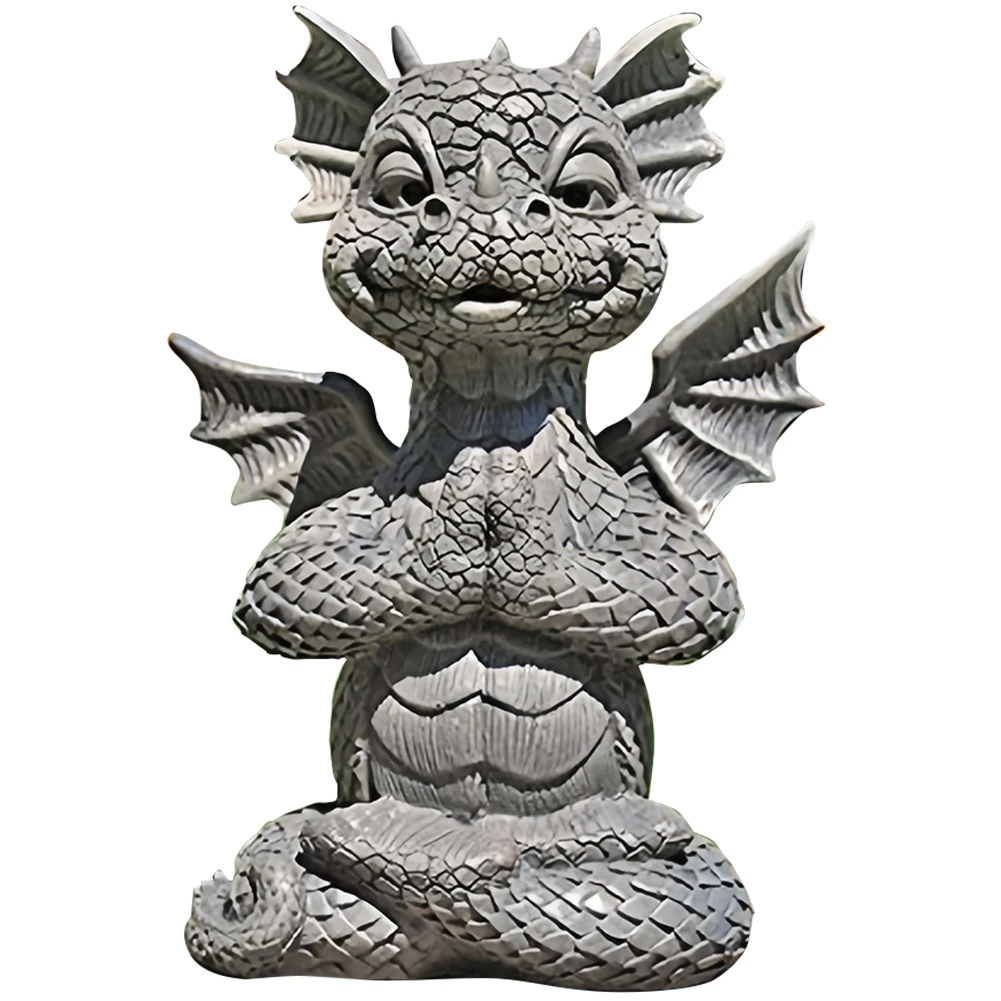 Garden Dragon Statue Happy Dinosaur Cheering You Resin Figurine with Lamp Decorative Accent Sculpture Sleeping Dragon Figurines