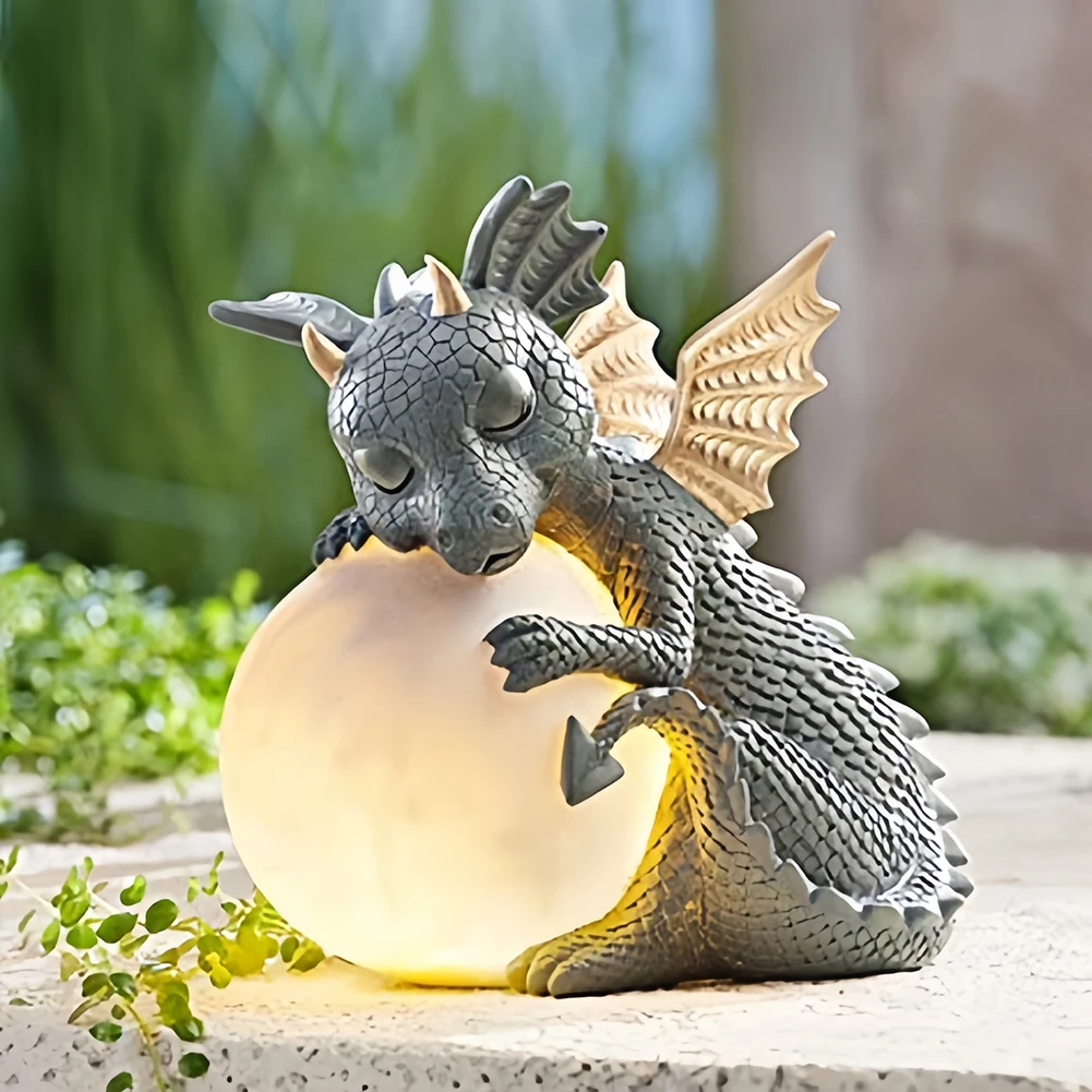 Garden Dragon Statue Happy Dinosaur Cheering You Resin Figurine with Lamp Decorative Accent Sculpture Sleeping Dragon Figurines