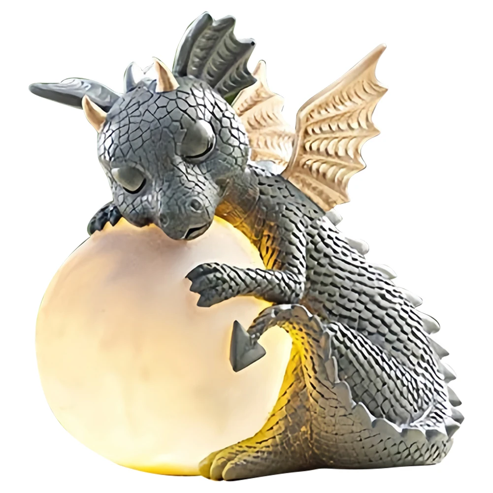 Garden Dragon Statue Happy Dinosaur Cheering You Resin Figurine with Lamp Decorative Accent Sculpture Sleeping Dragon Figurines